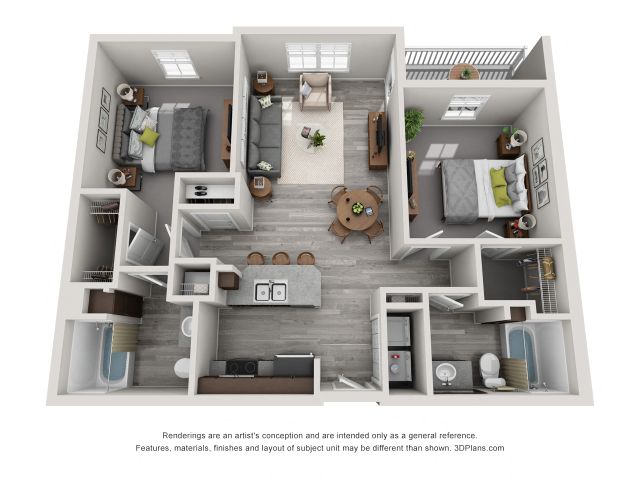 Floor plan for 2 beds, 2 baths, 912 sqft